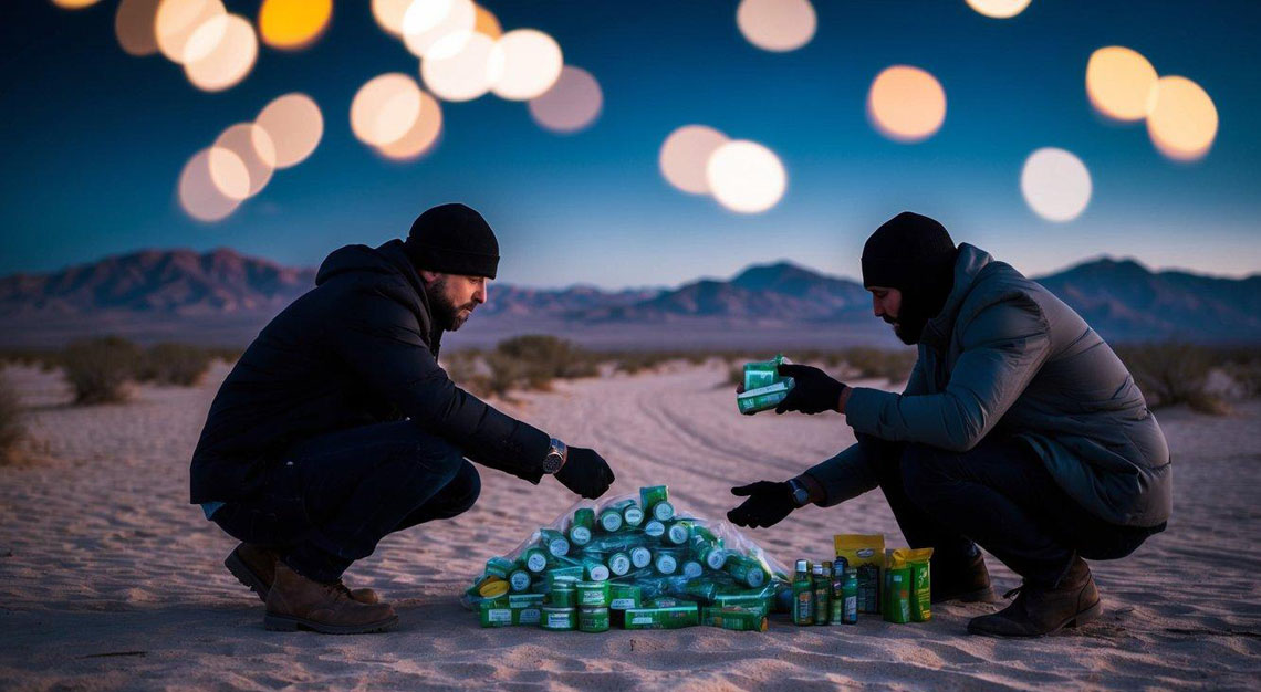 A desert landscape with a hidden stash of drugs being exchanged between two individuals under the cover of darkness