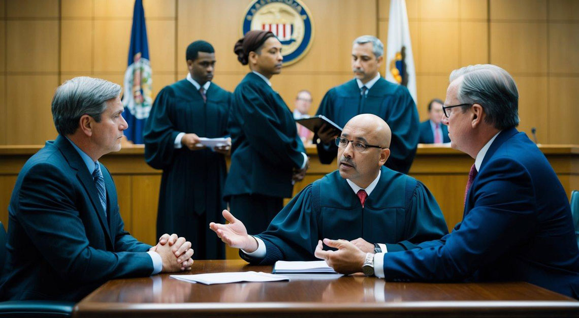 A courtroom with a judge, lawyers, and defendant discussing drug trafficking crimes in Arizona